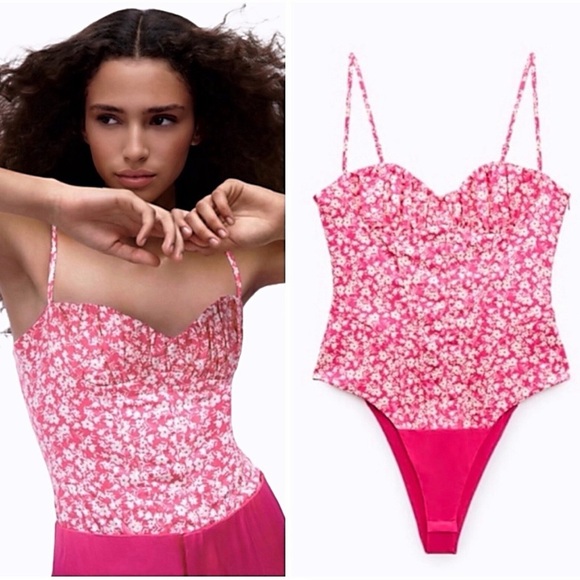 Zara Tops - Zara Pink Floral Corset Bustier Bodysuit Blogger Favorite Spring Preppy M NWT